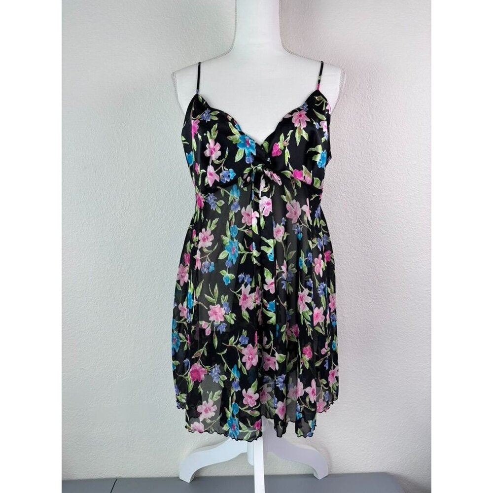 Victoria's Secret women's‎ large black floral satin chemise night vintage 90's